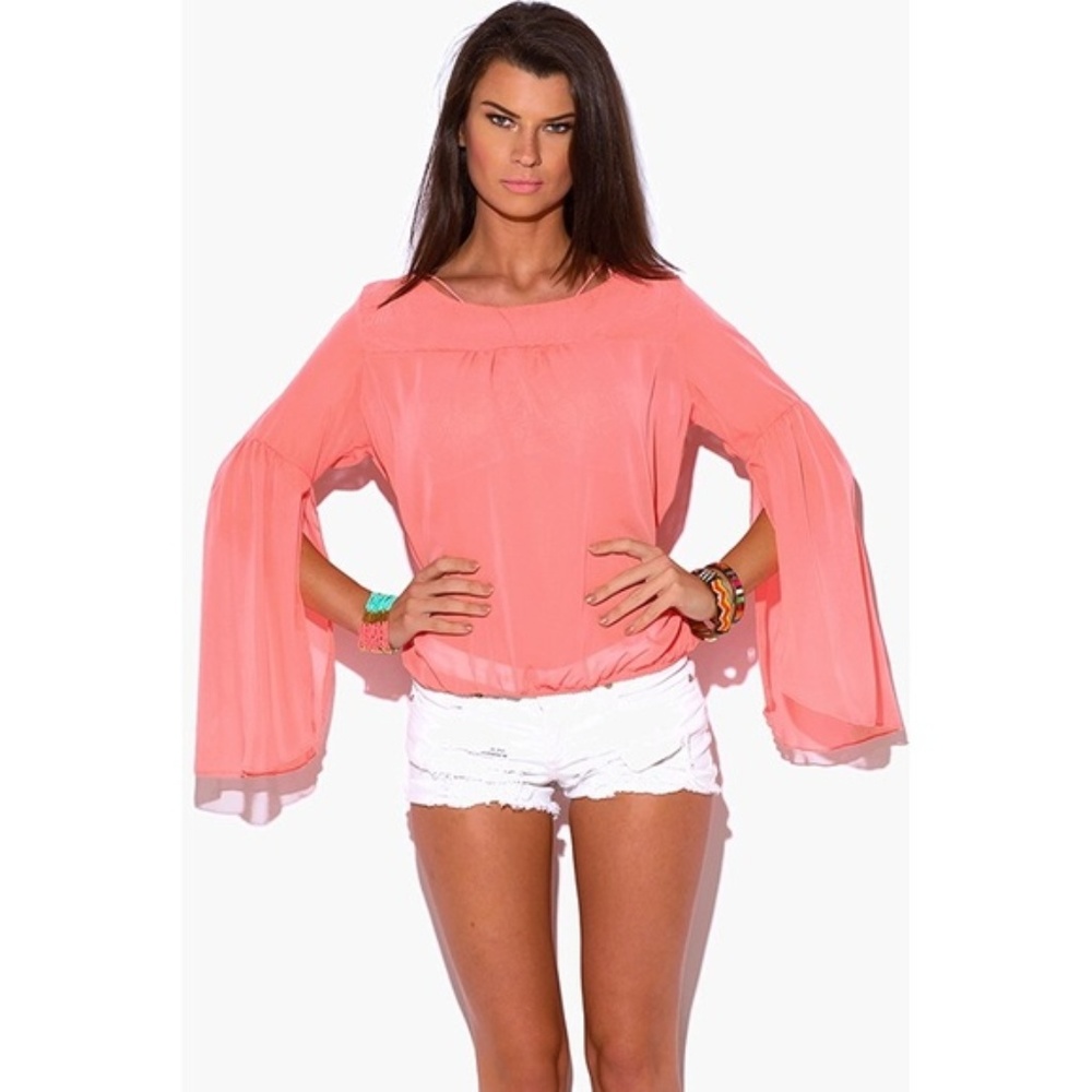 ONE LEFT! Coral Pink Sheer Chiffon Top